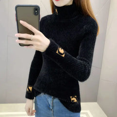 Yipinpay Collar Pullover Sweater Women Mink Letter Jacquard Underlay Solid Western Knit Undercoat Autumn Winter Pullover Sweater