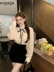 Yipinpay Elegant Shirts Women French Style Bow Stand Collar Long Sleeve Ruffles Spring Summer Office Lady Blouse Fashion Tops