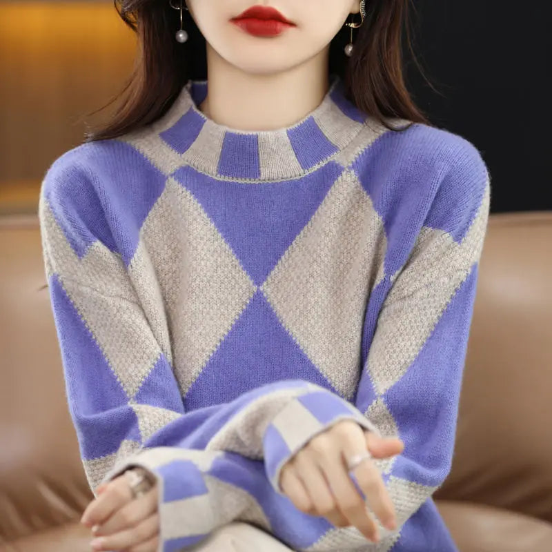 Yipinpay 2024 color contrast diamond check sweater women half high neck sweater loose sweater knitting pullover female top