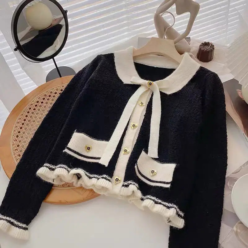 Yipinpay Ear Edge Color Contrast Bowknot Sweater Cardigan Women Autumn and Winter 2024 Foreign Small Fragrant Long Sleeve Cardigan