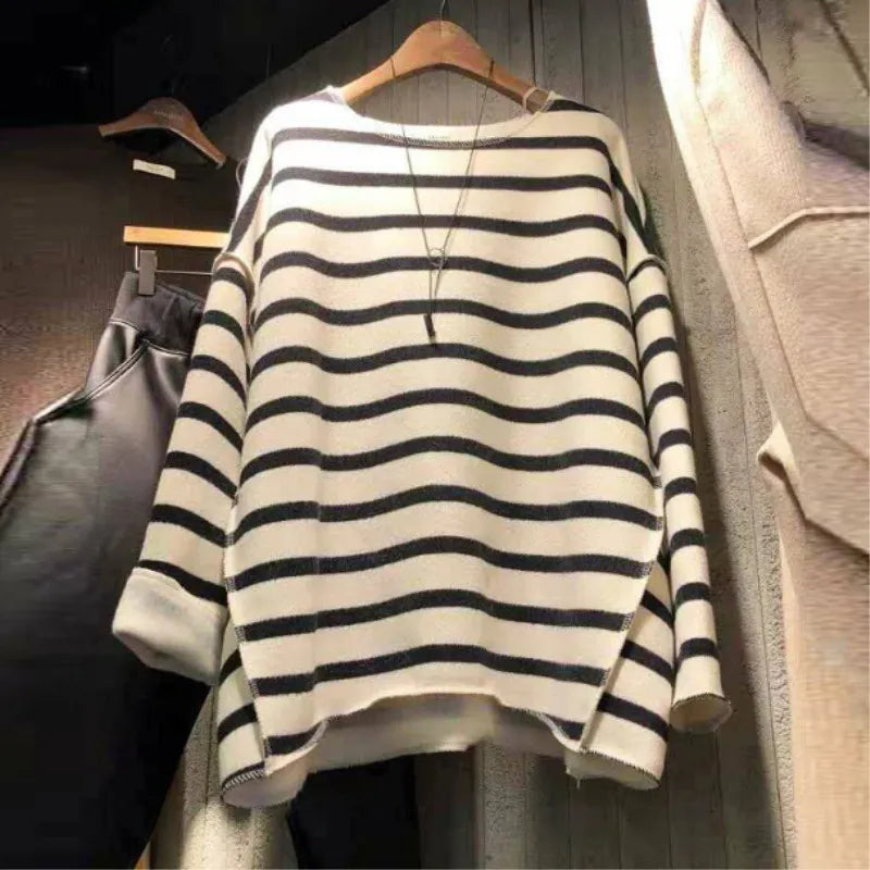 Yipinpay Fashion Top Crew Neck Loose Long Sleeve Vintage Stripe Hoodies Aesthetic Graphic T-Shirts Spring Tees Grunge Clothes