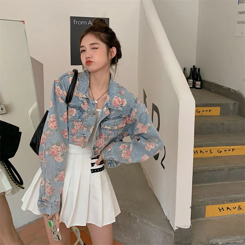 Yipinpay Elegant Rose Printed Women Denim Jackets Long Sleeve Outwear Autumn 2024 Crop Tops Korean Loose Streetwear Coats Chic