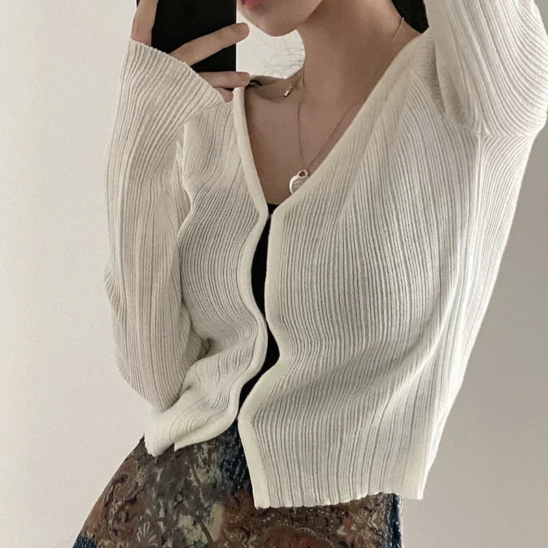 Yipinpay Cropped Cardigan Women V Neck Covered Button Solid Stretch Thin Spring Long Sleeve Knitted Tops Casual Lady Sweater