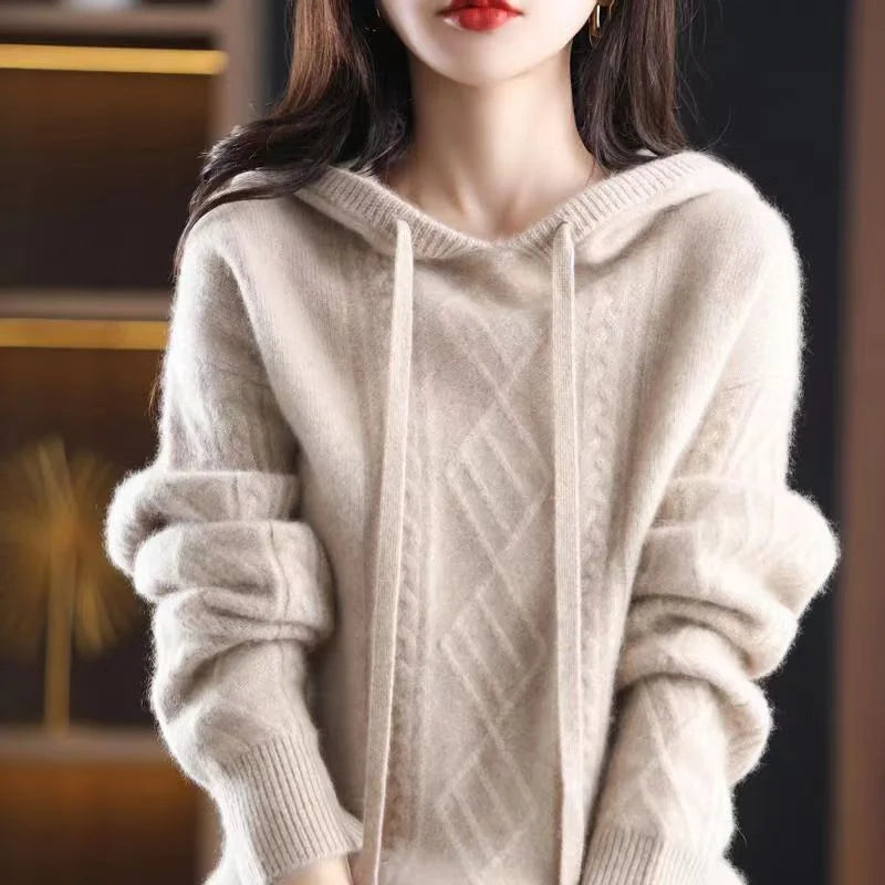 Yipinpay autumn and winter 2024 hooded knitwear fried dough twist sweater long sleeve women loose pullover knitting sweater