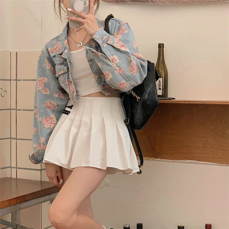 Yipinpay Elegant Rose Printed Women Denim Jackets Long Sleeve Outwear Autumn 2024 Crop Tops Korean Loose Streetwear Coats Chic