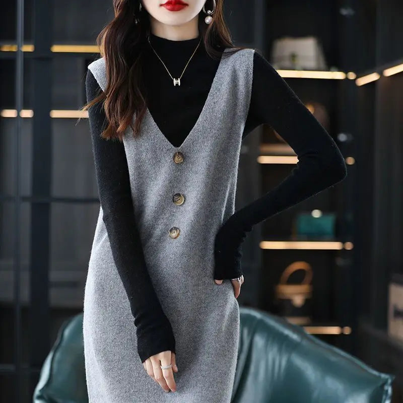 Yipinpay knitted vest skirt long V-neck casual loose sweater solid 2024 autumn and winter knitted sleeveless women vest sweater