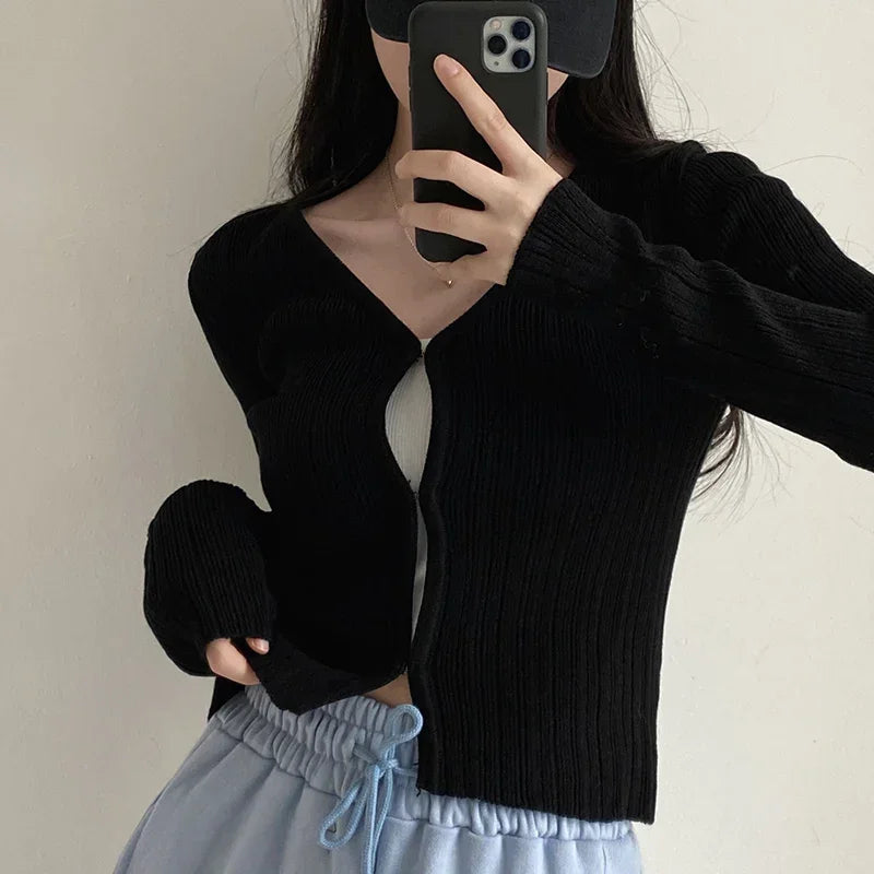 Yipinpay Cropped Cardigan Women V Neck Covered Button Solid Stretch Thin Spring Long Sleeve Knitted Tops Casual Lady Sweater