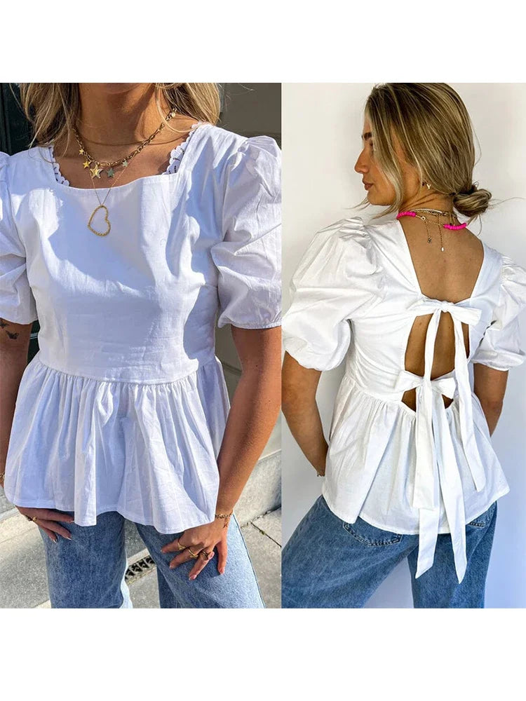 Yipinpay Backless Short Sleeve Shirts For Women Casual Back Lace Up Tops 2024 Spring Summer Chic Ladies Shirt Loose Streetwear