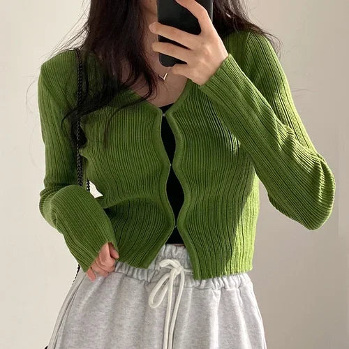 Yipinpay Cropped Cardigan Women V Neck Covered Button Solid Stretch Thin Spring Long Sleeve Knitted Tops Casual Lady Sweater