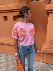 Yipinpay 3D Floral Knitted Cropped Tops For Women 2024 Street Short Sleeve Flower Sweater Elegant Lady O Neck Pullover Knitwear