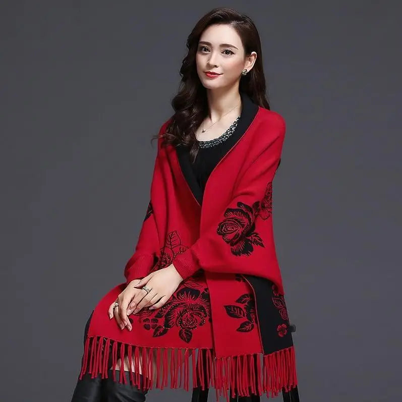 Yipinpay cashmere tassel poncho shawl dual-purpose scarf women knitted sweater top retro cheongsam cloak cape coat outside clothing