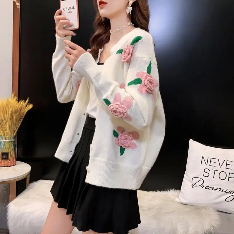 Yipinpay Female 2024 Spring and Autumn Knitwear Women Heavy Industry Rose Blossom Embroidery Contrast Sweater Coat Cardigan