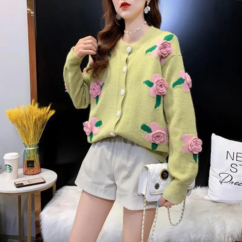 Yipinpay Female 2024 Spring and Autumn Knitwear Women Heavy Industry Rose Blossom Embroidery Contrast Sweater Coat Cardigan