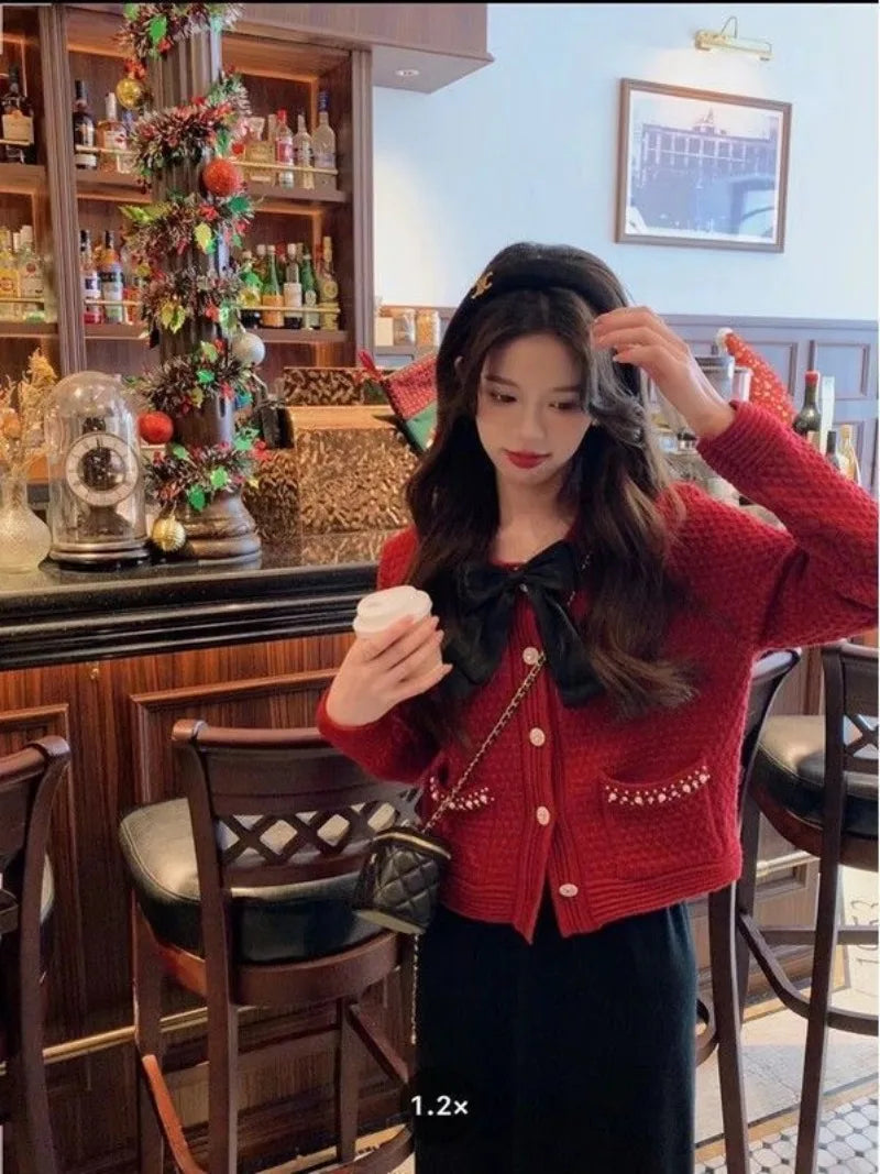 Yipinpay Knitted Cardigan Coat Design Sense Short Sweater Female 2024 Foreign Long Sleeve O Neck Sweater Cardigan Female Tops