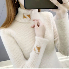 Yipinpay Collar Pullover Sweater Women Mink Letter Jacquard Underlay Solid Western Knit Undercoat Autumn Winter Pullover Sweater