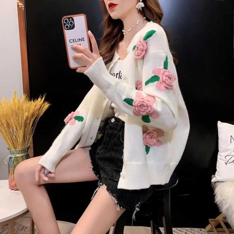 Yipinpay Female 2024 Spring and Autumn Knitwear Women Heavy Industry Rose Blossom Embroidery Contrast Sweater Coat Cardigan