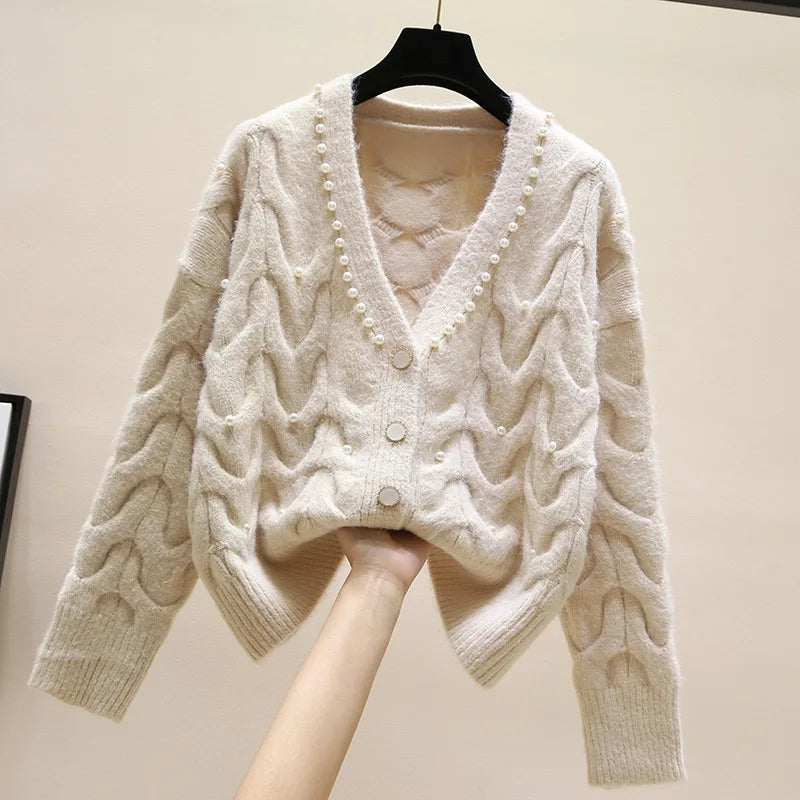 Yipinpay new fashion all-match knitted outer wear sweater Sweet beaded V-neck knitted cardigan women's spring