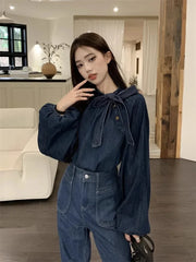 Yipinpay Denim Shirts Women Bow Bandage Puff Long Sleeve O Neck Button Vintage Fashion Ladies Blouse Elegant Tops Casual