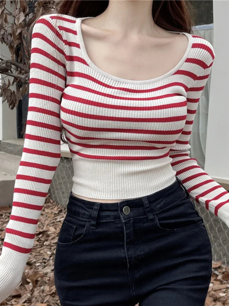 Yipinpay Cropped Sweater Women Vintage Striped Autumn New O Neck Slim Stretch Bottoming Ladies Knitted Tops Sexy Fashion