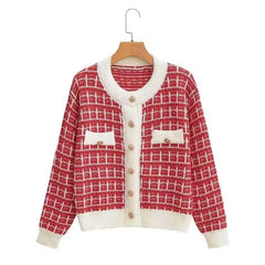 Yipinpay Autumn Sweater Women Knitted Cardigan New Year 2024 Spring and Autumn Checker Red Small Fragrant Coat O Neck Sweater