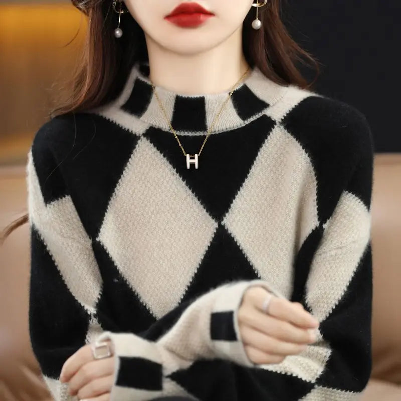 Yipinpay 2024 color contrast diamond check sweater women half high neck sweater loose sweater knitting pullover female top