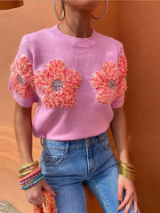 Yipinpay 3D Floral Knitted Cropped Tops For Women 2024 Street Short Sleeve Flower Sweater Elegant Lady O Neck Pullover Knitwear