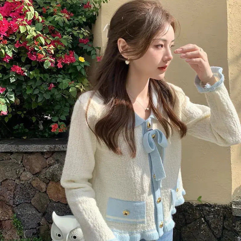 Yipinpay Ear Edge Color Contrast Bowknot Sweater Cardigan Women Autumn and Winter 2024 Foreign Small Fragrant Long Sleeve Cardigan