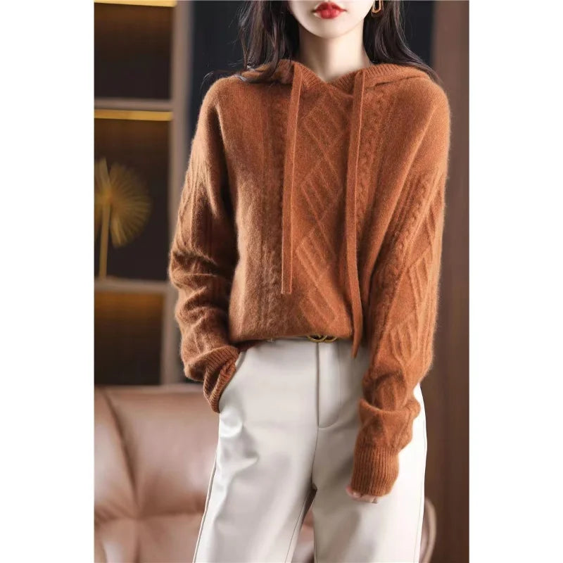 Yipinpay autumn and winter 2024 hooded knitwear fried dough twist sweater long sleeve women loose pullover knitting sweater