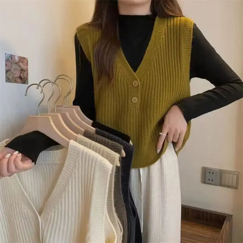 Yipinpay Knitted Vest for Women's Spring and Autumn Design Sleeveless V-neck Sweater Japanese Style Is Lazy and Retro