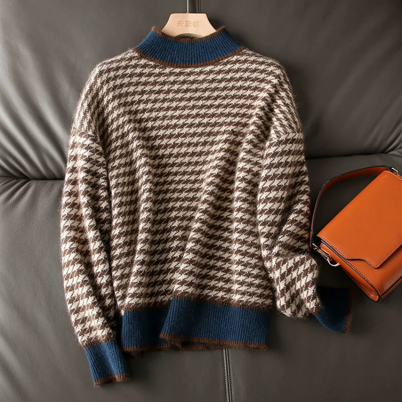 Yipinpay half turtleneck loose and thin knitted sweater women 22 autumn long sleeve casual plaid pullover sweater female