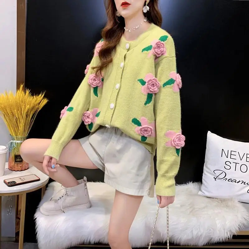 Yipinpay Female 2024 Spring and Autumn Knitwear Women Heavy Industry Rose Blossom Embroidery Contrast Sweater Coat Cardigan