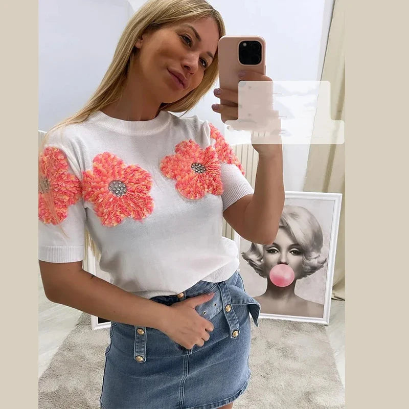 Yipinpay 3D Floral Knitted Cropped Tops For Women 2024 Street Short Sleeve Flower Sweater Elegant Lady O Neck Pullover Knitwear