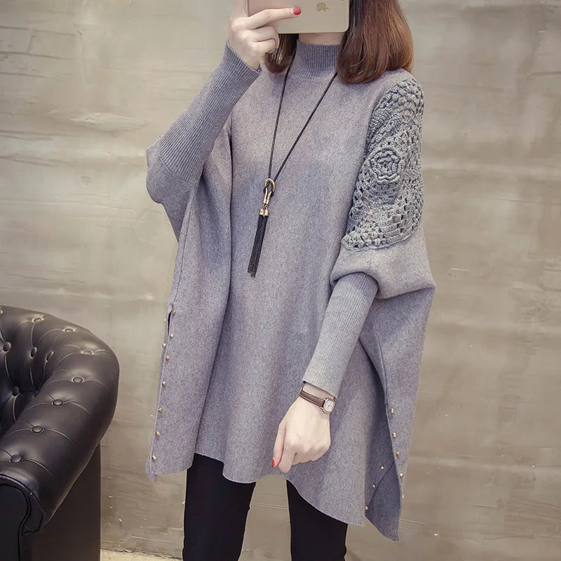 Yipinpay Autumn And Winter New Loose Sweater Coat Women's Half-high Collar Pullover Wrap Swing Beading