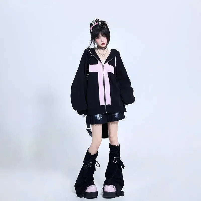 Yipinpay Fairy Tale Black Pink Sweet Cool Rabbit Contrast Hoodies Women Sweatshirt Autumn Loose Zipper Cardigan Coat Women Clothing