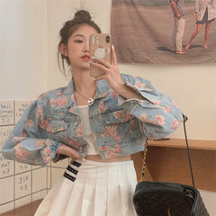 Yipinpay Elegant Rose Printed Women Denim Jackets Long Sleeve Outwear Autumn 2024 Crop Tops Korean Loose Streetwear Coats Chic