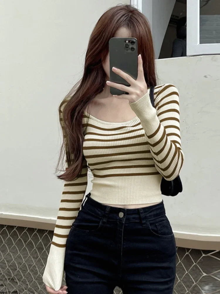 Yipinpay Cropped Sweater Women Vintage Striped Autumn New O Neck Slim Stretch Bottoming Ladies Knitted Tops Sexy Fashion