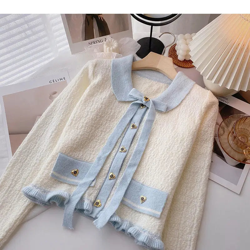 Yipinpay Ear Edge Color Contrast Bowknot Sweater Cardigan Women Autumn and Winter 2024 Foreign Small Fragrant Long Sleeve Cardigan