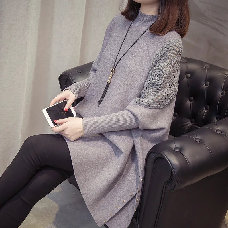 Yipinpay Autumn And Winter New Loose Sweater Coat Women's Half-high Collar Pullover Wrap Swing Beading