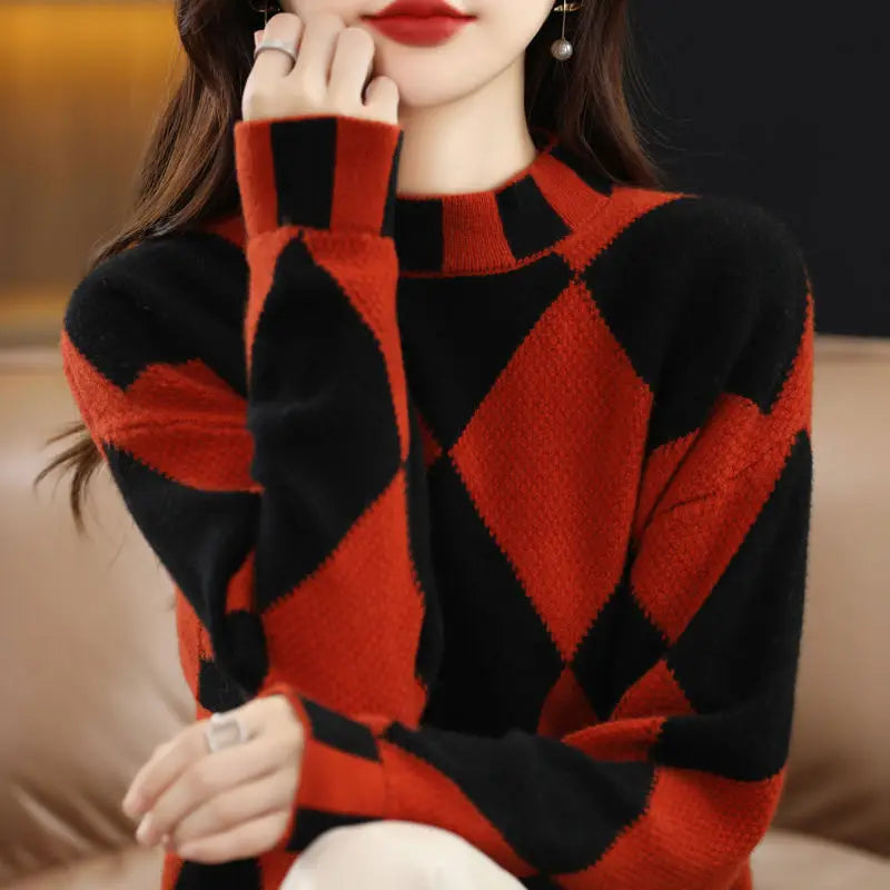 Yipinpay 2024 color contrast diamond check sweater women half high neck sweater loose sweater knitting pullover female top