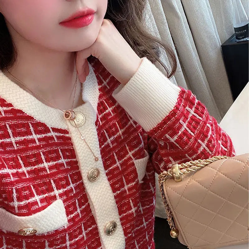 Yipinpay Autumn Sweater Women Knitted Cardigan New Year 2024 Spring and Autumn Checker Red Small Fragrant Coat O Neck Sweater