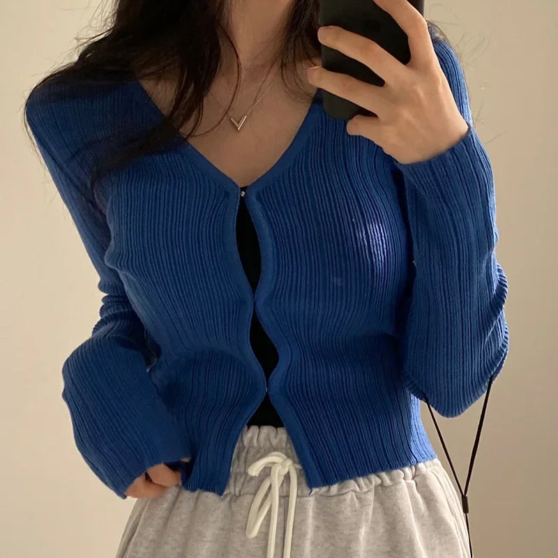 Yipinpay Cropped Cardigan Women V Neck Covered Button Solid Stretch Thin Spring Long Sleeve Knitted Tops Casual Lady Sweater