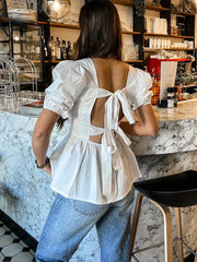 Yipinpay Backless Short Sleeve Shirts For Women Casual Back Lace Up Tops 2024 Spring Summer Chic Ladies Shirt Loose Streetwear