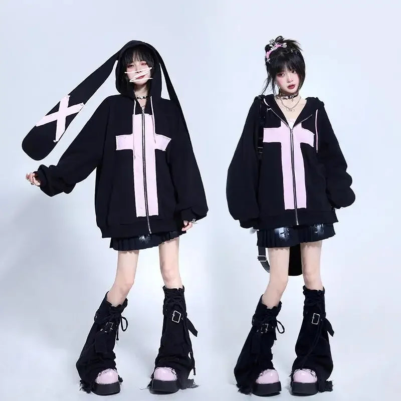 Yipinpay Fairy Tale Black Pink Sweet Cool Rabbit Contrast Hoodies Women Sweatshirt Autumn Loose Zipper Cardigan Coat Women Clothing