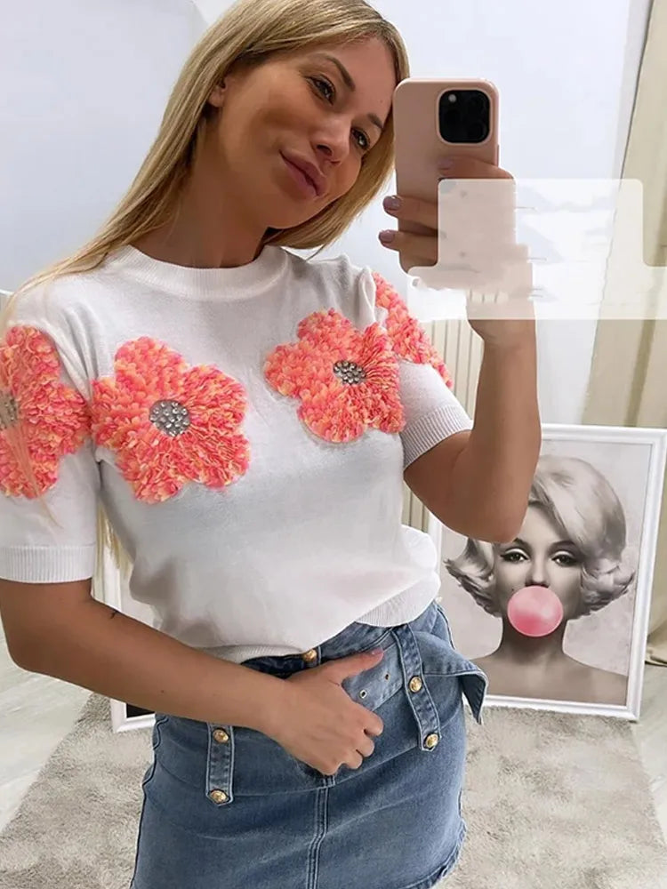 Yipinpay 3D Floral Knitted Cropped Tops For Women 2024 Street Short Sleeve Flower Sweater Elegant Lady O Neck Pullover Knitwear