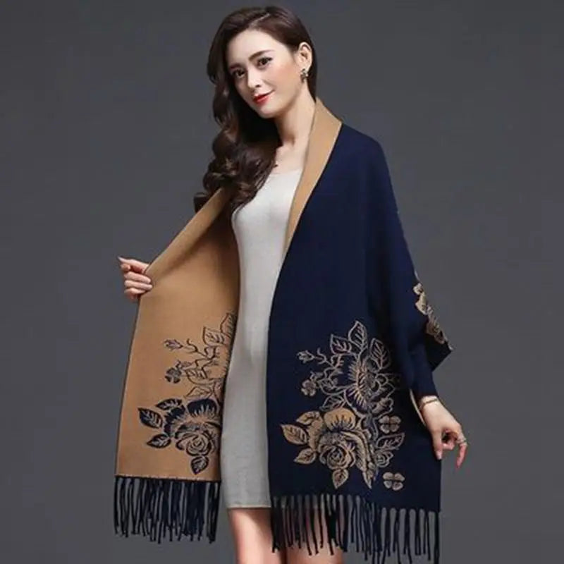 Yipinpay cashmere tassel poncho shawl dual-purpose scarf women knitted sweater top retro cheongsam cloak cape coat outside clothing