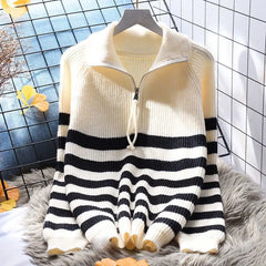 Yipinpay neck zipper stripe pullover sweater for women loose sweater 2024 autumn/winter Japanese knit sweater pullover female top