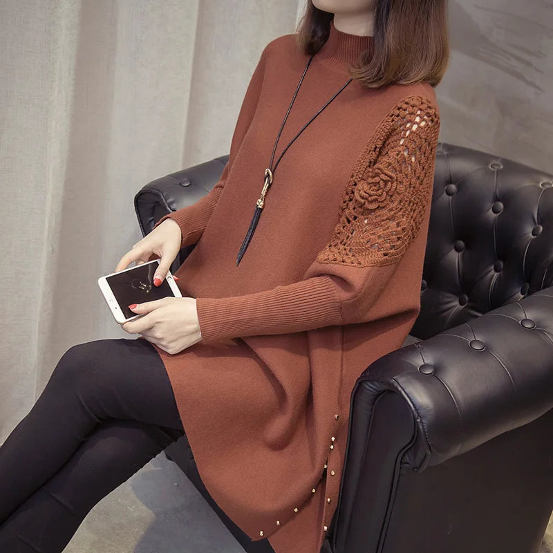 Yipinpay Autumn And Winter New Loose Sweater Coat Women's Half-high Collar Pullover Wrap Swing Beading