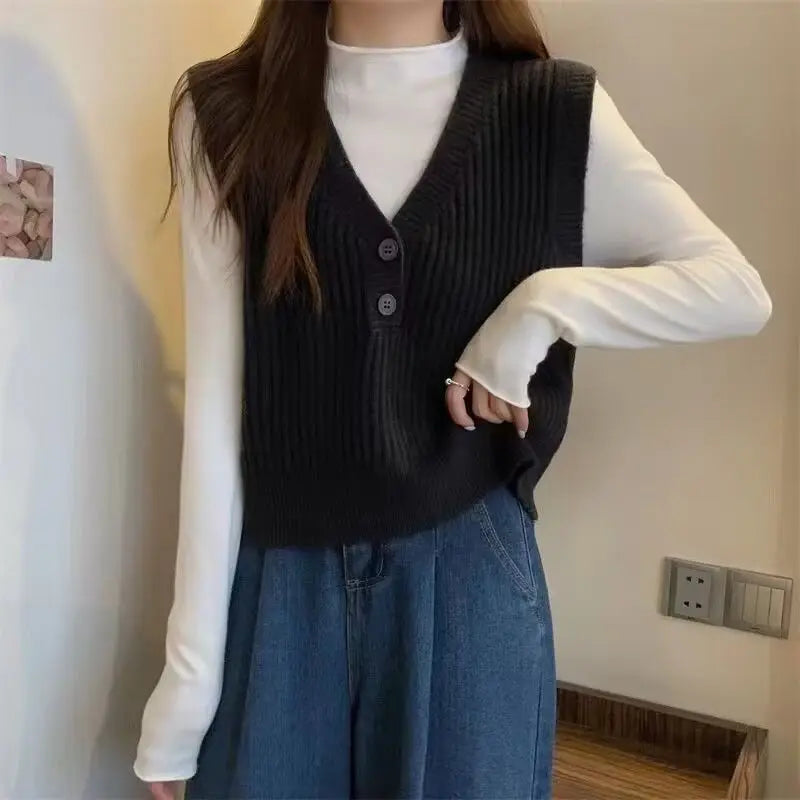 Yipinpay Knitted Vest for Women's Spring and Autumn Design Sleeveless V-neck Sweater Japanese Style Is Lazy and Retro