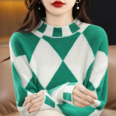 Yipinpay 2024 color contrast diamond check sweater women half high neck sweater loose sweater knitting pullover female top