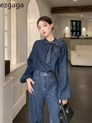 Yipinpay Denim Shirts Women Bow Bandage Puff Long Sleeve O Neck Button Vintage Fashion Ladies Blouse Elegant Tops Casual